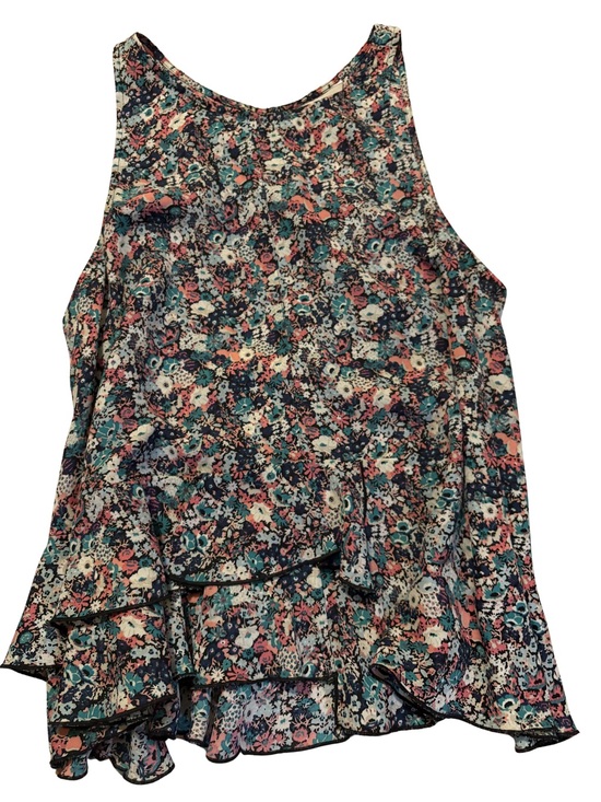 belle sky Tops - Floral Ruffle Hem Sleeveless Top - Multicolor